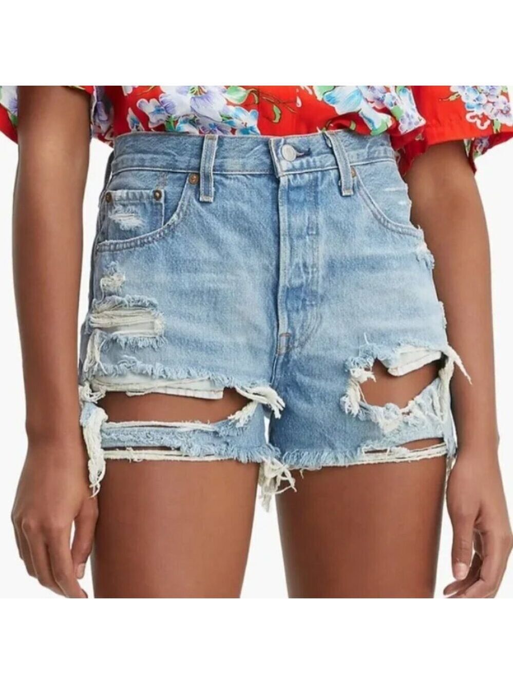 Levi's Premium 501 Distressed Blue Denim Shorts Size 27 (4) Raw Hem Mid Rise